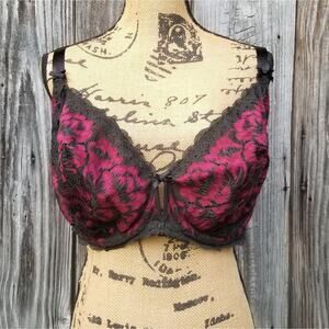 Lace Bra Cacique Plus Size 42G Black Red Floral Underwire Balconette Lane Bryant